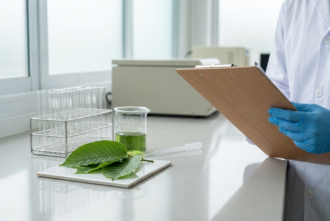 Fresh kratom leaves beside laboratory glassware