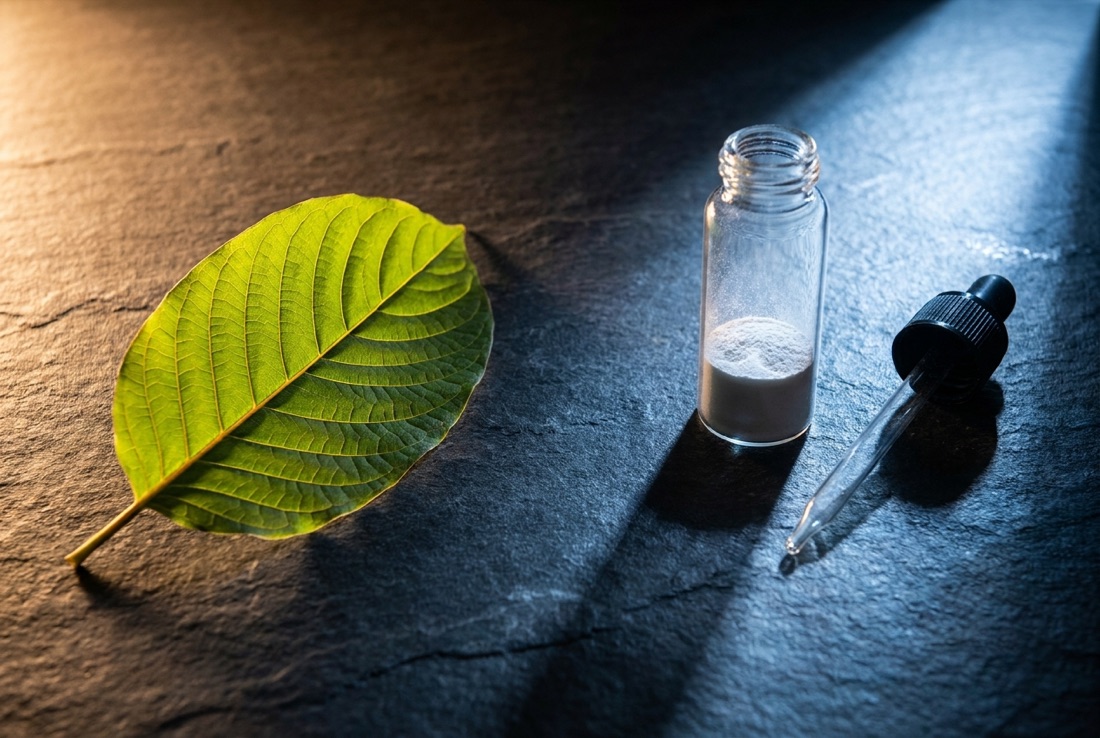 A natural kratom leaf beside a clinical vial of white synthetic isolate